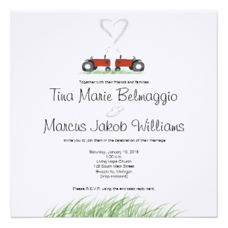 Two red tractors wedding invitation